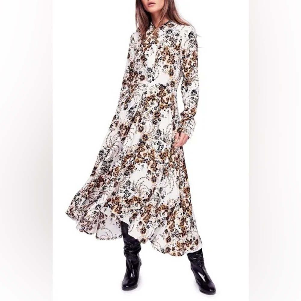 Free People Tough Love Shirtdress in Ivory Floral Long Sleeve Maxi Dress - Sz 0